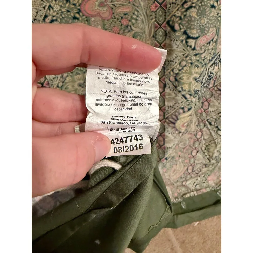 Pottery Barn Jane Paisley King Duvet Cover Sage Green Floral Cotton‎ Percale